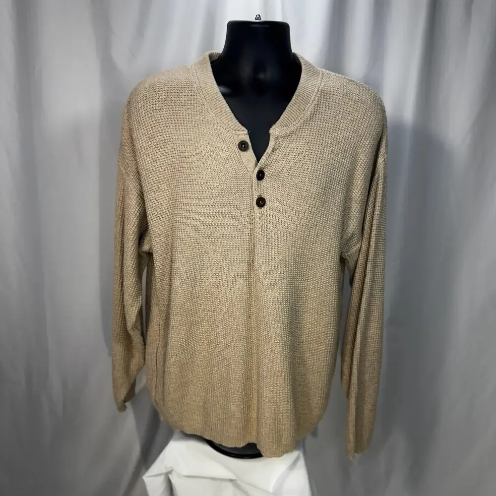 Woolrich Henley Sweater Men's L Oatmeal Beige Waffle Knit Thermal Cotton Cozy